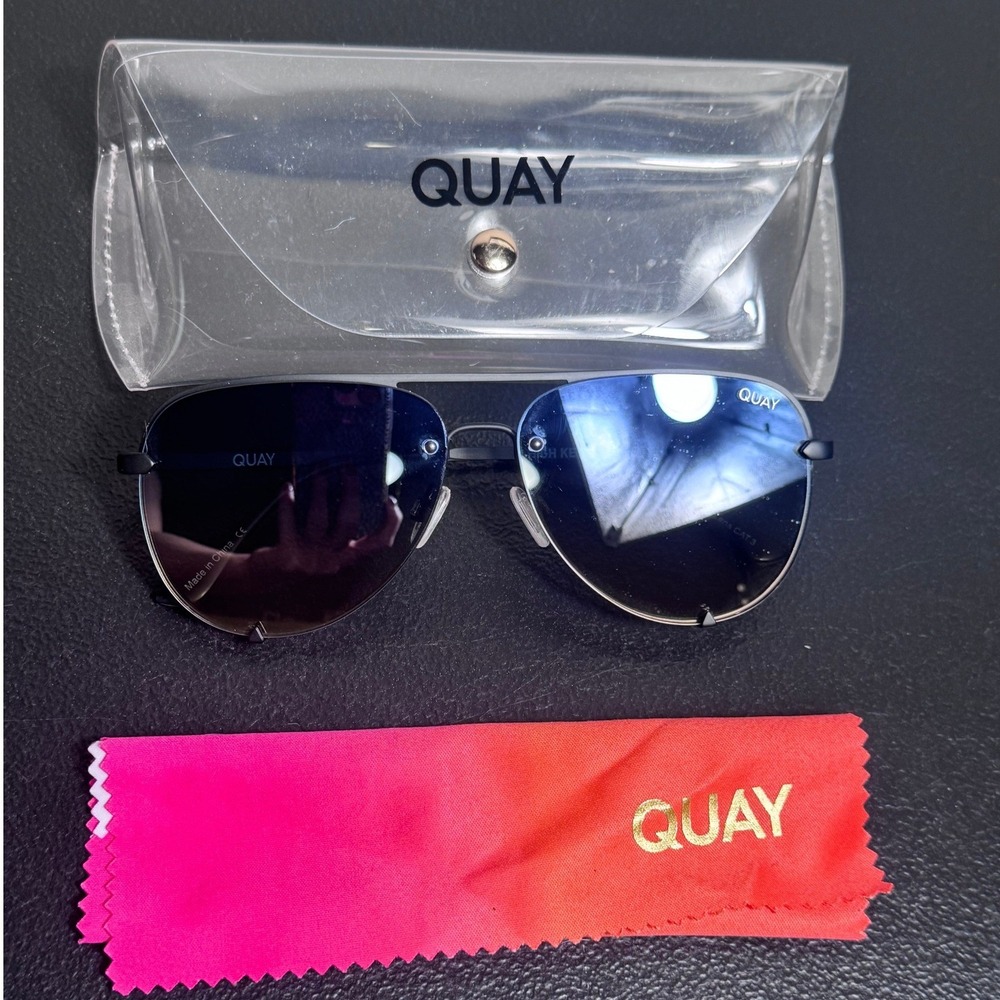 Quay High Key Rimless Mini Aviator Sunglasses Matte Black with Case & Cloth
